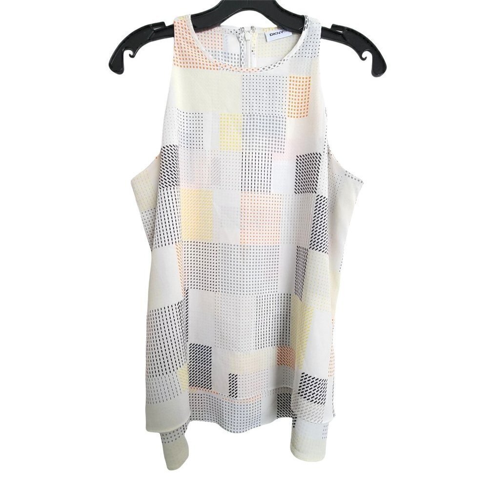 DKNYC White Geometric Stripe Print Pattern Sleeveless Tank Top Blouse Size Small